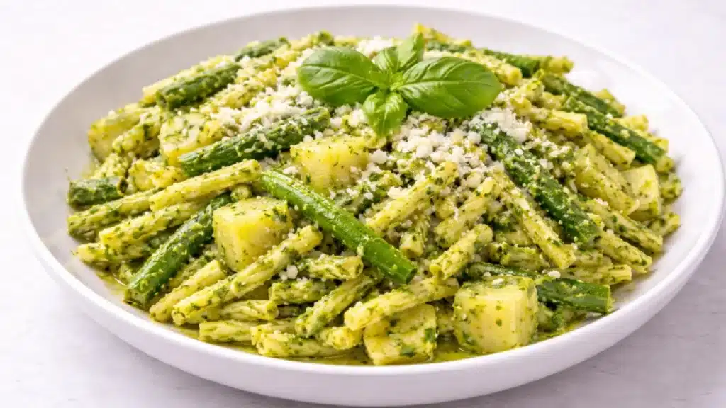 Pasta al pesto genovese con trofie patate fagiolini e basilico fresco