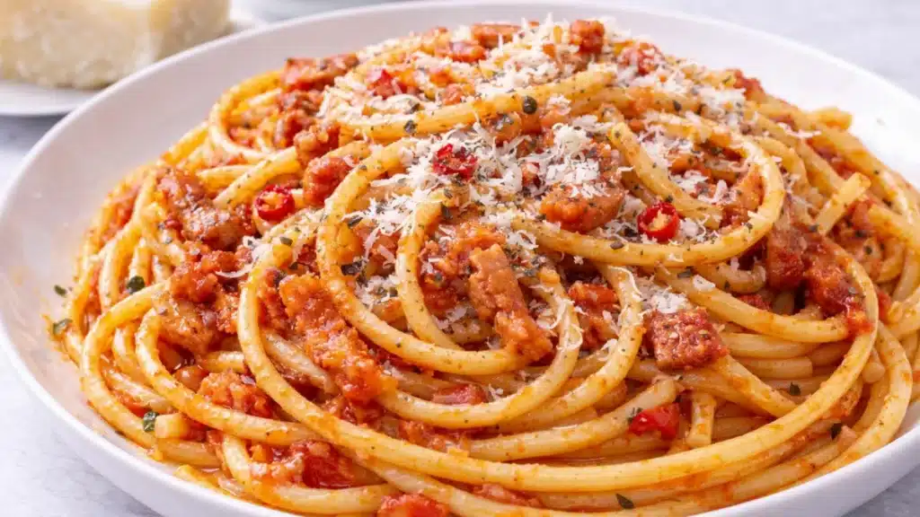 Pasta all’Amatriciana con bucatini guanciale croccante pomodoro e pecorino romano