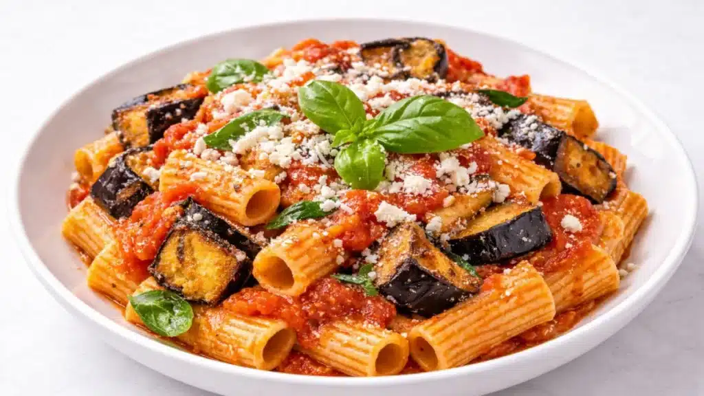 Pasta alla Norma siciliana con melanzane fritte pomodoro basilico e ricotta salata