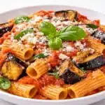 Pasta alla Norma siciliana con melanzane fritte pomodoro basilico e ricotta salata