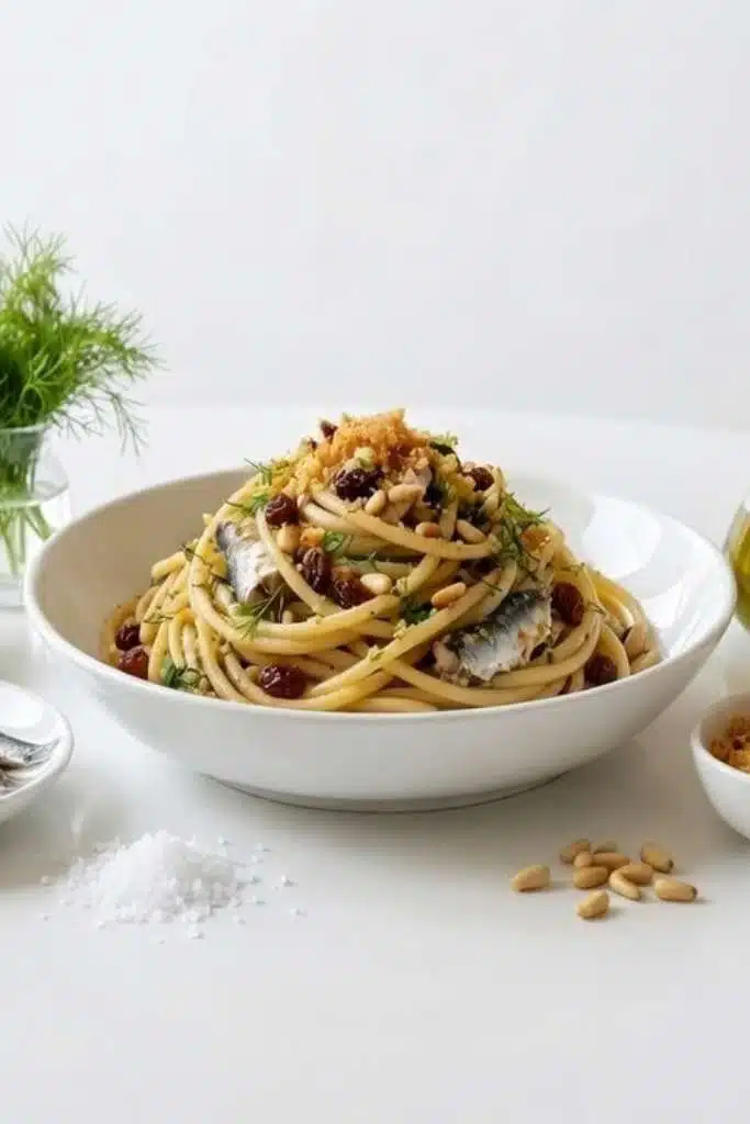 piatto di pasta con le sarde siciliana con finocchietto pinoli uvetta e olio extravergine