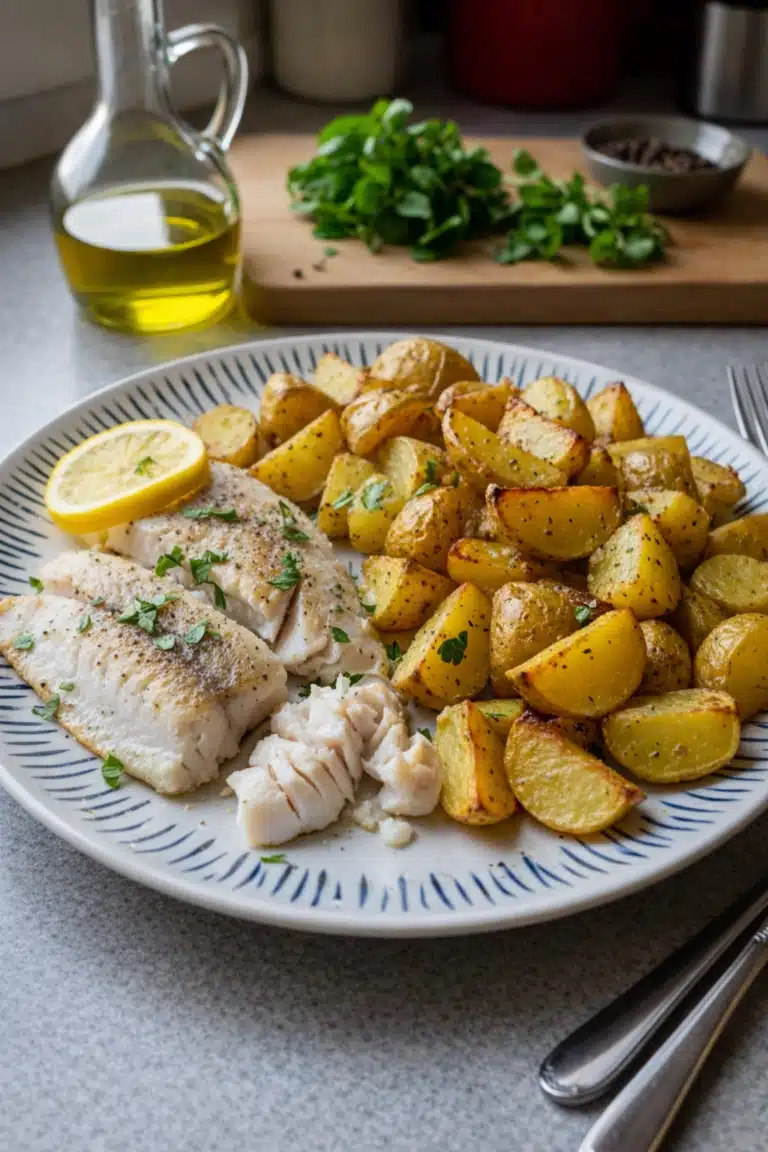 Patate da abbinare al pesce persico arrostite con filetti su piatto