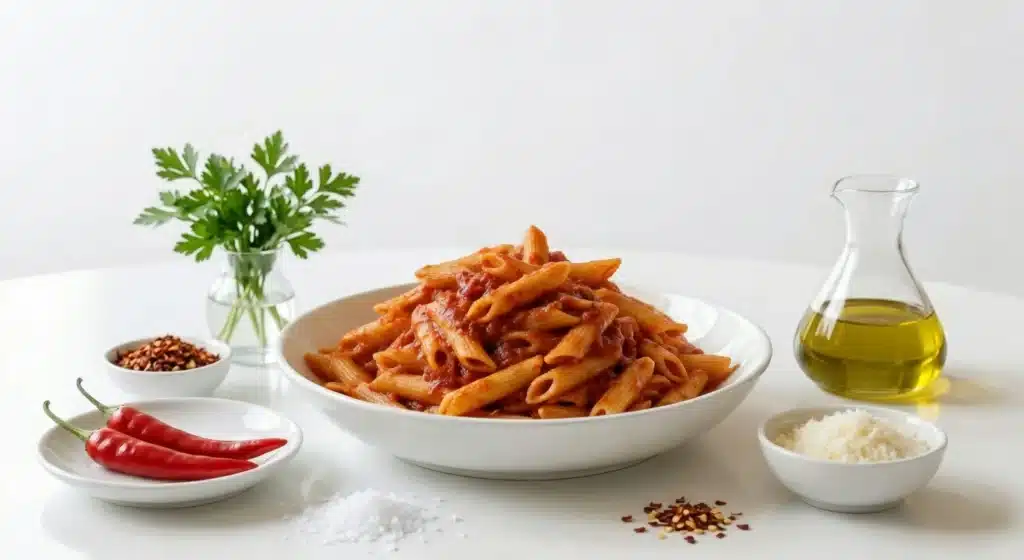 penne all'arrabbiata con peperoncino olio extravergine pomodoro e pecorino in tavola