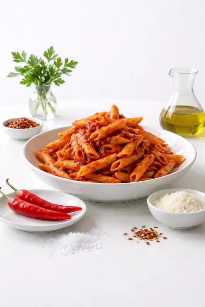 penne all'arrabbiata con salsa di pomodoro piccante peperoncino rosso e pecorino grattugiato