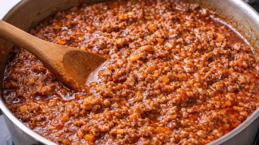 Ragù alla bolognese tradizionale in pentola con carne macinata soffritto e pomodoro