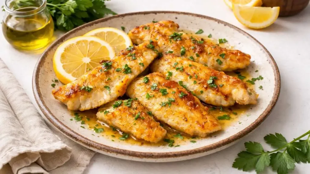 Filetti di pesce persico in padella con limone e prezzemolo su piatto rustico