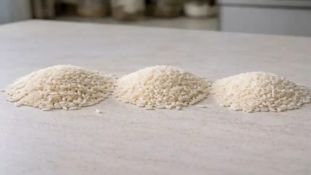 Tre tipi di riso per risotto Carnaroli Arborio e Vialone Nano a confronto con diverse dimensioni dei chicchi