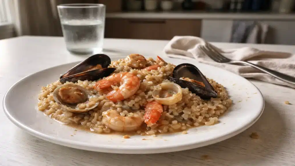 Risotto ai frutti di mare con gamberi cozze vongole e calamari su piatto bianco