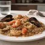 Risotto ai frutti di mare con gamberi cozze vongole e calamari su piatto bianco