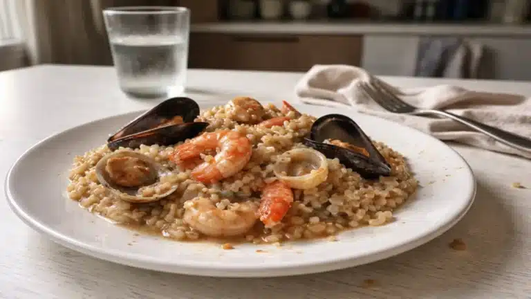 Risotto ai frutti di mare con gamberi cozze vongole e calamari su piatto bianco