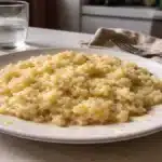 Risotto al limone cremoso su piatto bianco con scorza di limone e luce naturale laterale in cucina
