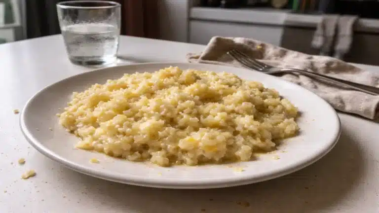 Risotto al limone cremoso su piatto bianco con scorza di limone e luce naturale laterale in cucina