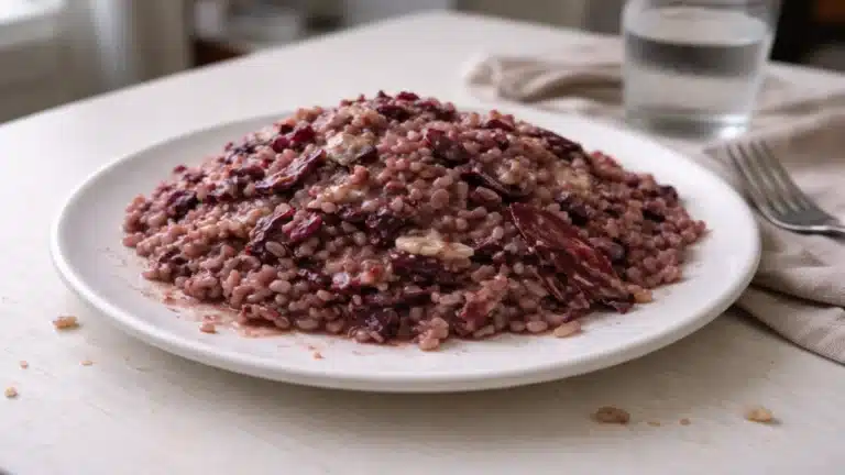 Risotto al radicchio cremoso con riso Carnaroli e radicchio rosso di Treviso su piatto bianco