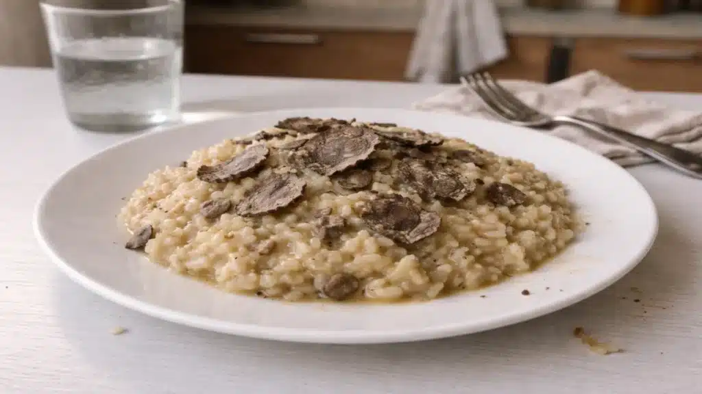 Risotto al tartufo cremoso con lamelle di tartufo nero su piatto bianco