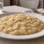 Risotto alla parmigiana cremoso su piatto bianco con consistenza all’onda e luce naturale laterale