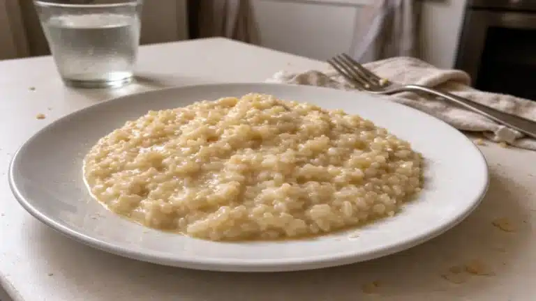 Risotto alla parmigiana cremoso su piatto bianco con consistenza all’onda e luce naturale laterale