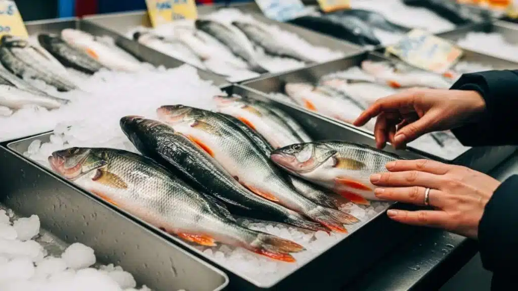Scegliere il miglior pesce persico fresco al mercato con mani che controllano qualità