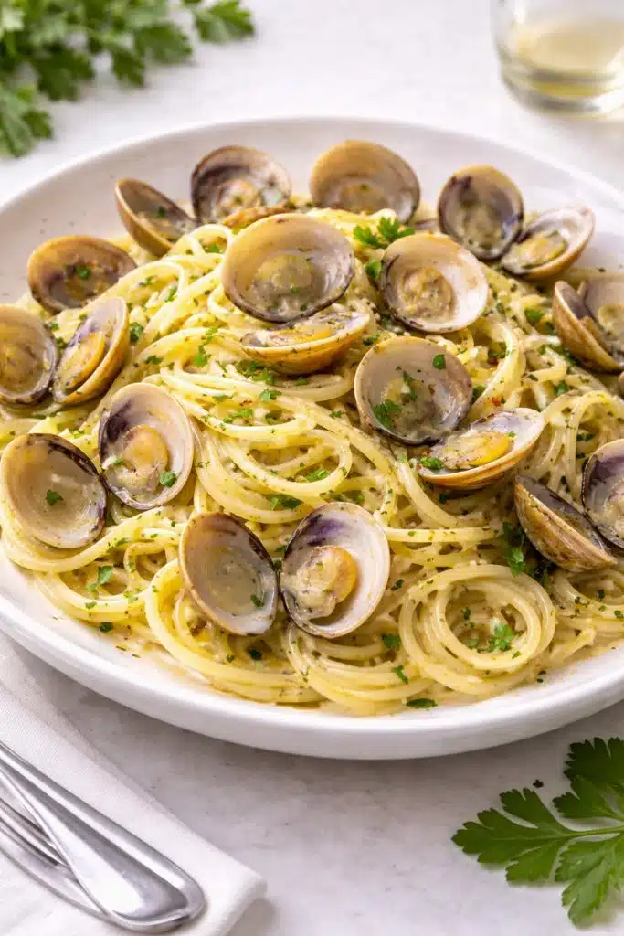 Spaghetti alle vongole veraci con prezzemolo e olio extravergine su tavolo bianco