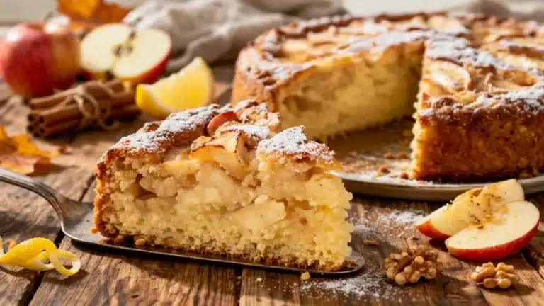 Torta di mele della nonna soffice con mele fresche, cannella e zucchero a velo