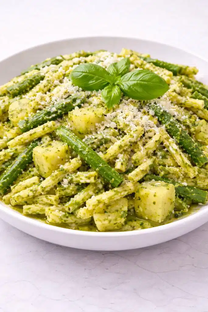 Trofie al pesto genovese con basilico pinoli parmigiano e olio extravergine